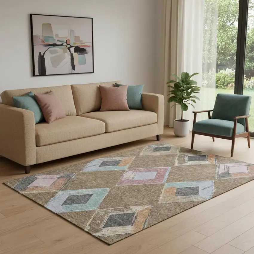 Brown Blue And Beige Geometric Washable Area Rug With UV Protection Photo 2