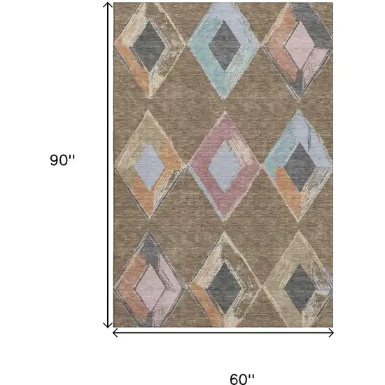 Brown Blue And Beige Geometric Washable Area Rug With UV Protection Photo 9