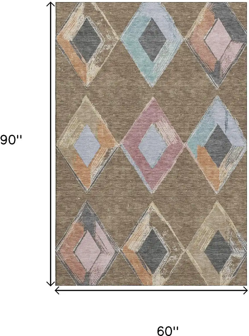 Brown Blue And Beige Geometric Washable Area Rug With UV Protection Photo 9