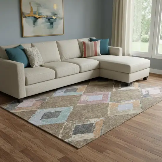 Brown Blue And Beige Geometric Washable Area Rug With UV Protection Photo 2