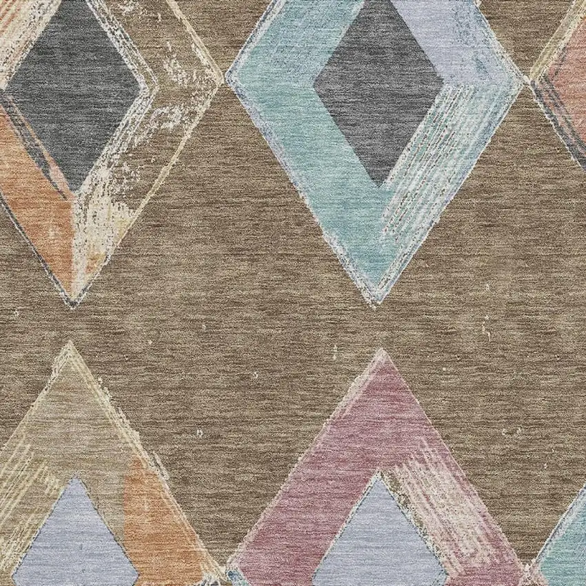 Brown Blue And Beige Geometric Washable Area Rug With UV Protection Photo 3