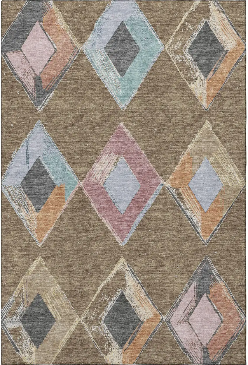 Brown Blue And Beige Geometric Washable Area Rug With UV Protection Photo 4