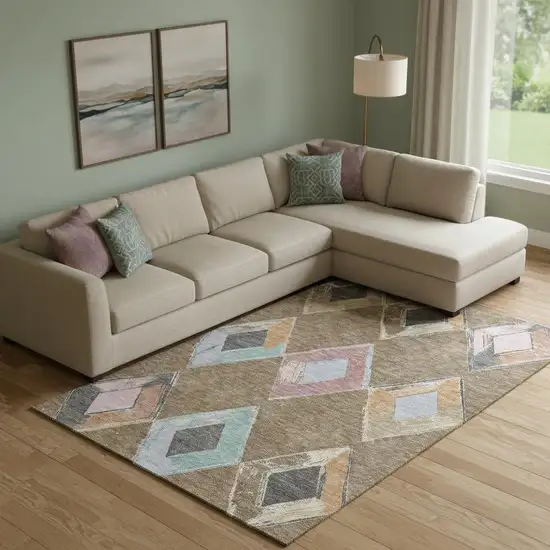 Brown Blue And Beige Geometric Washable Area Rug With UV Protection Photo 2