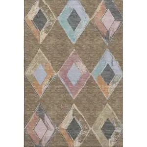 Photo of Brown Blue And Beige Geometric Washable Area Rug With UV Protection