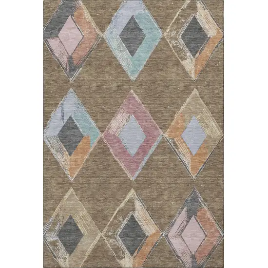 Brown Blue And Beige Geometric Washable Area Rug With UV Protection Photo 4