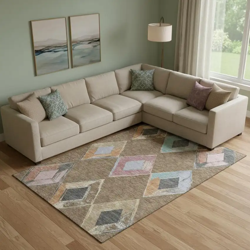 Brown Blue And Beige Geometric Washable Area Rug With UV Protection Photo 2