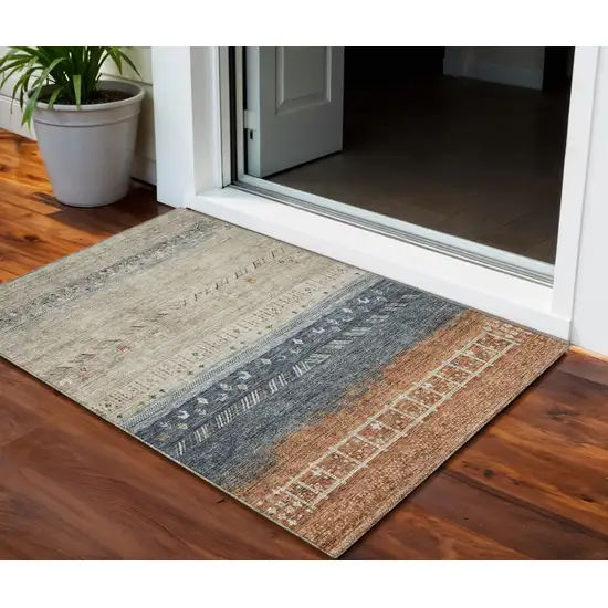 Brown Blue And Beige Southwestern Washable Indoor Outdoor Area Rug Photo 1