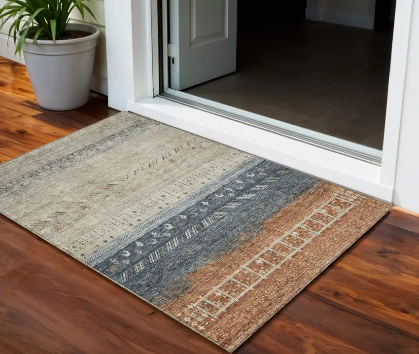Brown Blue And Beige Southwestern Washable Indoor Outdoor Area Rug Photo 1