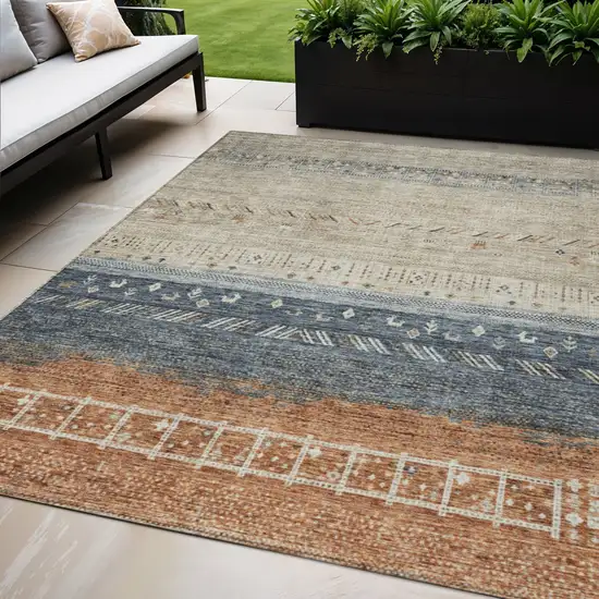 Brown Blue And Beige Southwestern Washable Indoor Outdoor Area Rug Photo 1