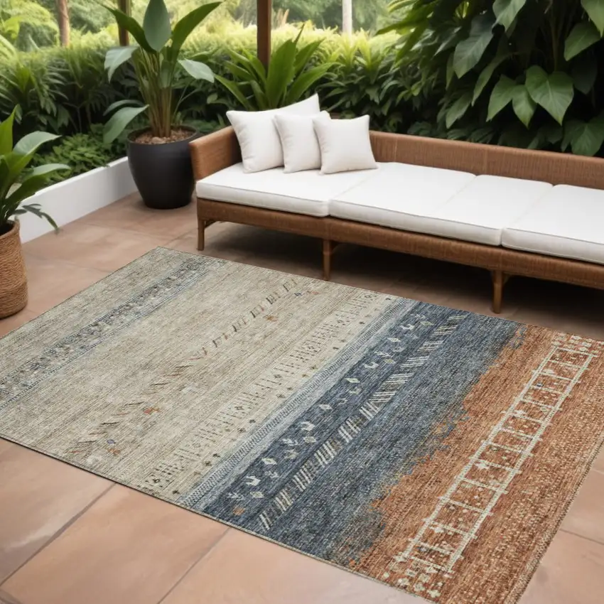 Brown Blue And Beige Southwestern Washable Indoor Outdoor Area Rug Photo 1