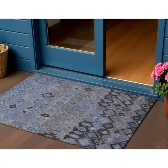 Brown Blue And Charcoal Geometric Washable Indoor Outdoor Area Rug Photo 1