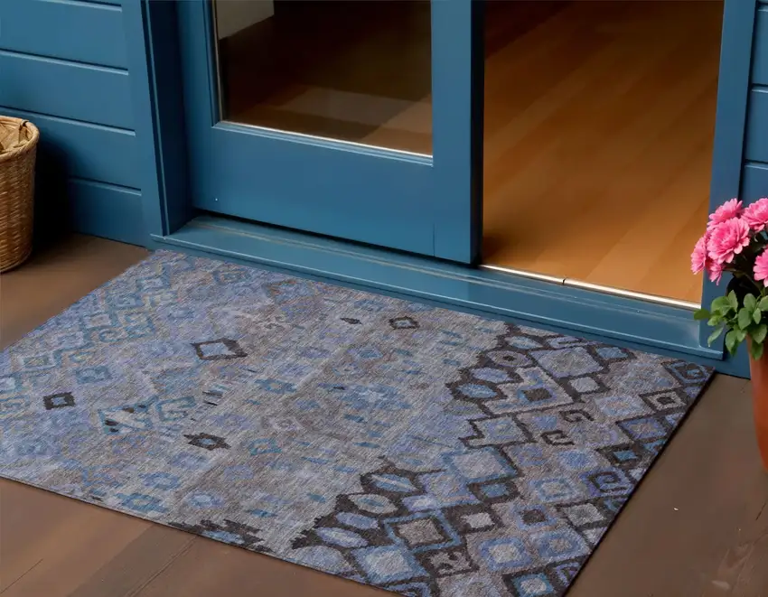 Brown Blue And Charcoal Geometric Washable Indoor Outdoor Area Rug Photo 1