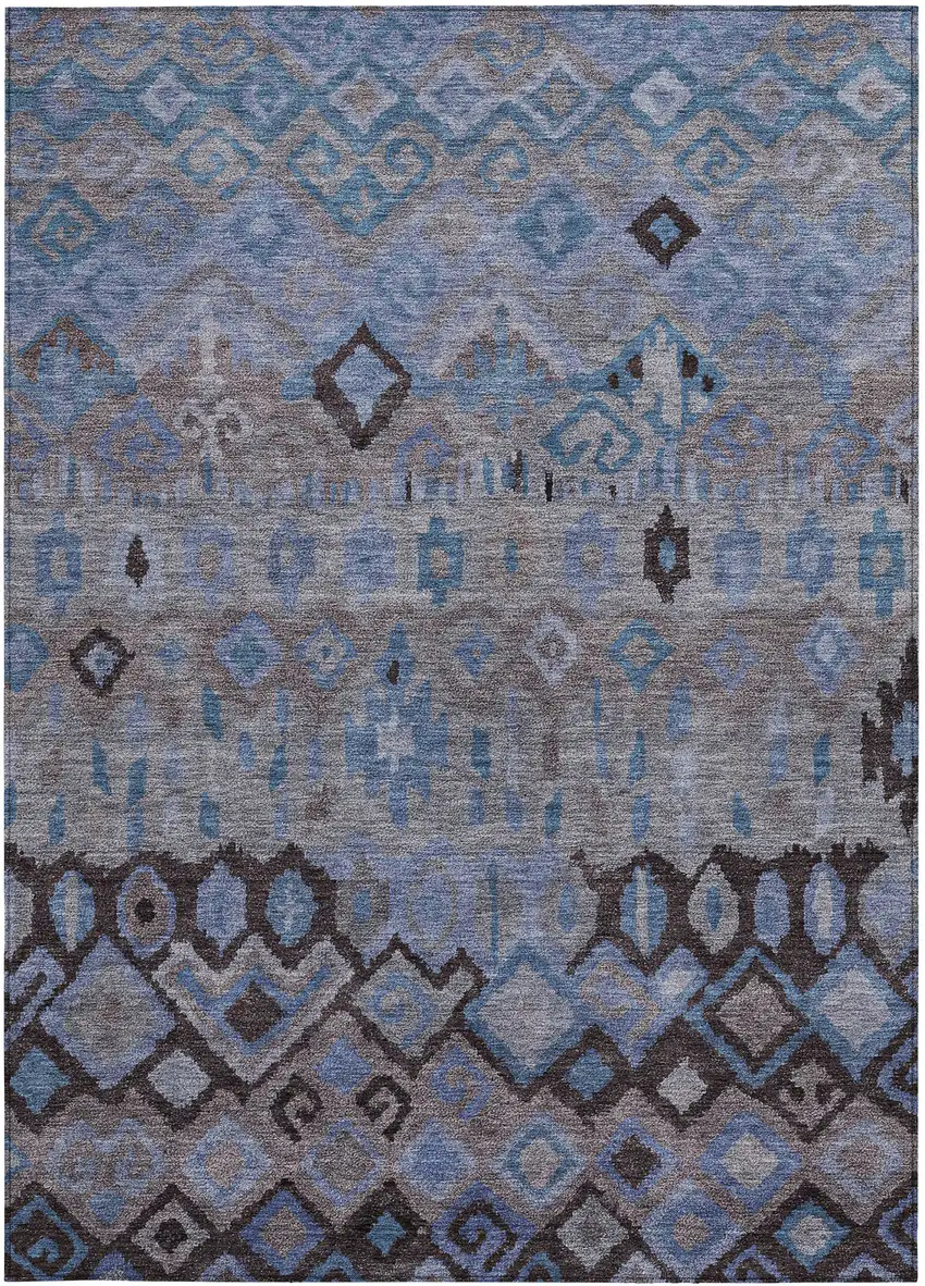 Brown Blue And Charcoal Geometric Washable Indoor Outdoor Area Rug Photo 4