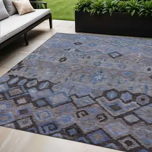 Photo of Brown Blue And Charcoal Geometric Washable Indoor Outdoor Area Rug