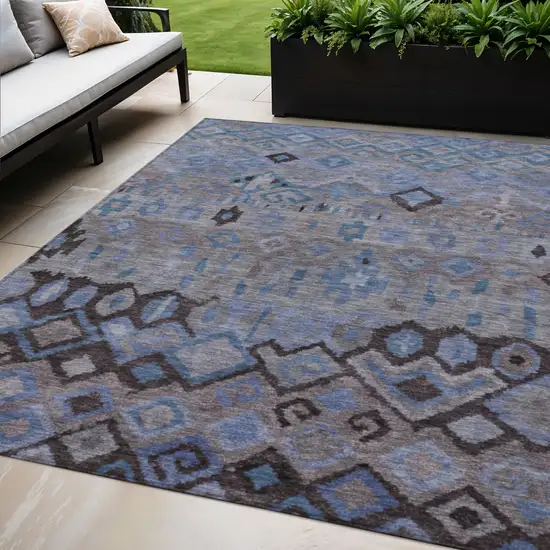 Brown Blue And Charcoal Geometric Washable Indoor Outdoor Area Rug Photo 1