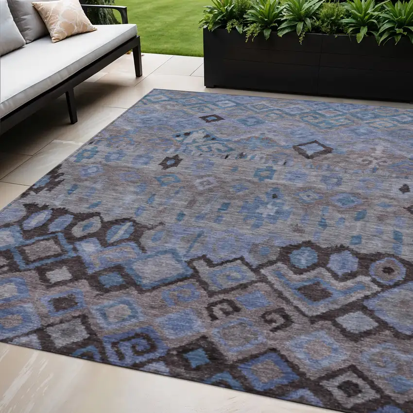 Brown Blue And Charcoal Geometric Washable Indoor Outdoor Area Rug Photo 1