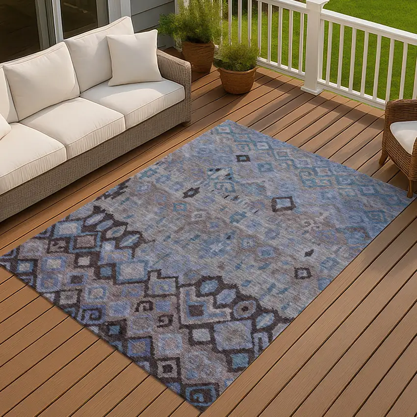 Brown Blue And Charcoal Geometric Washable Indoor Outdoor Area Rug Photo 8