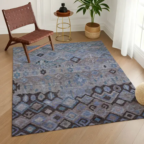 Brown Blue And Charcoal Geometric Washable Indoor Outdoor Area Rug Photo 9