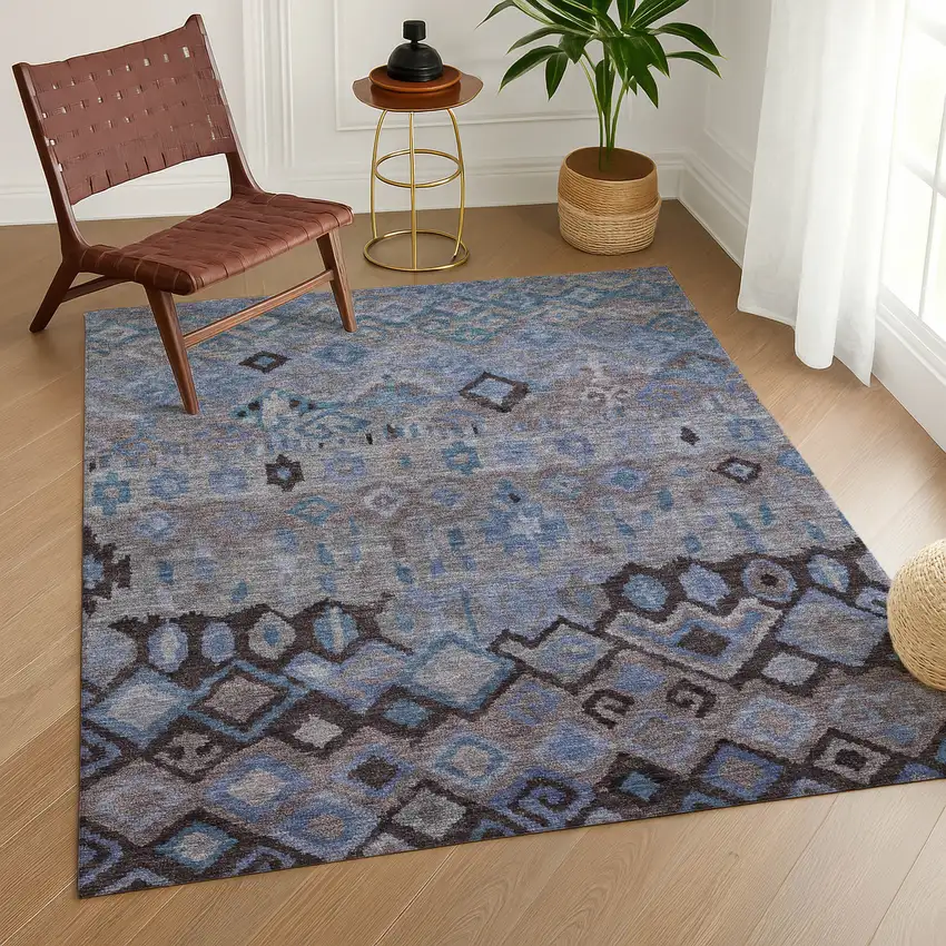 Brown Blue And Charcoal Geometric Washable Indoor Outdoor Area Rug Photo 9