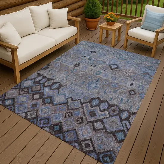 Brown Blue And Charcoal Geometric Washable Indoor Outdoor Area Rug Photo 9