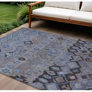 Photo of Brown Blue And Charcoal Geometric Washable Indoor Outdoor Area Rug