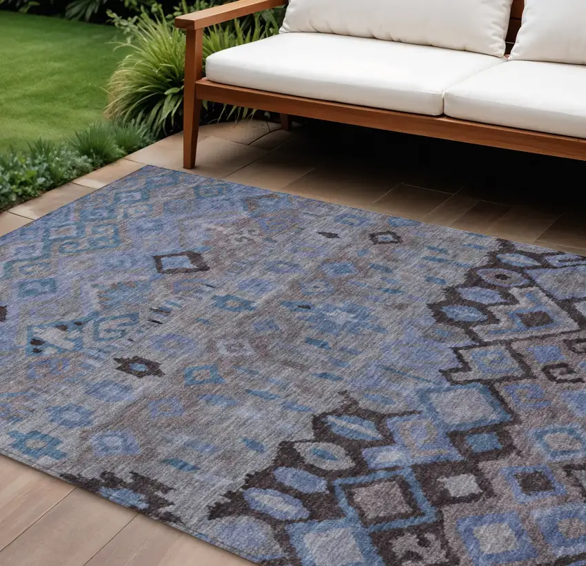 Brown Blue And Charcoal Geometric Washable Indoor Outdoor Area Rug Photo 1