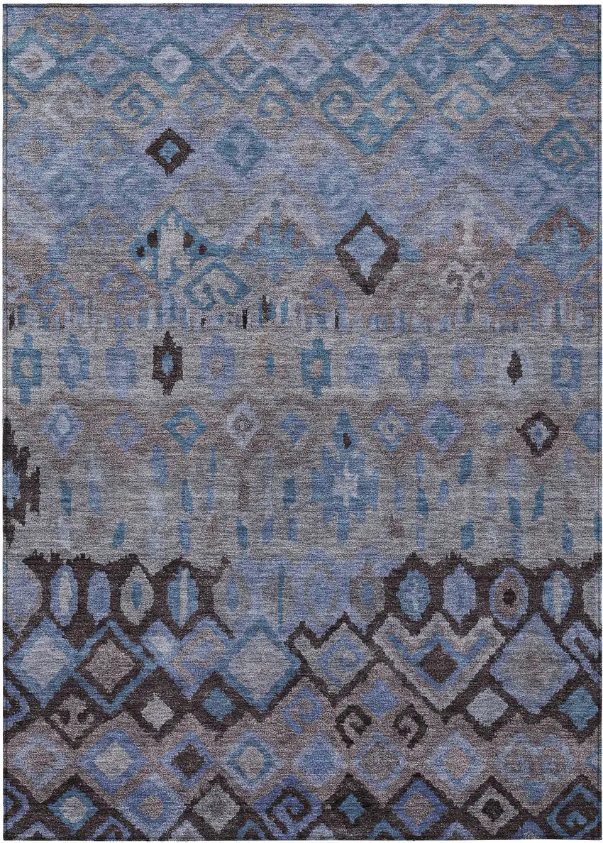 Brown Blue And Charcoal Geometric Washable Indoor Outdoor Area Rug Photo 2