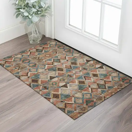 Brown Blue And Coral Geometric Washable Area Rug With UV Protection Photo 2