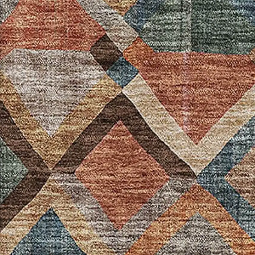 Brown Blue And Coral Geometric Washable Area Rug With UV Protection Photo 2
