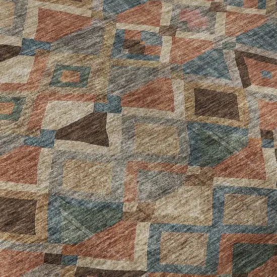 Brown Blue And Coral Geometric Washable Area Rug With UV Protection Photo 9