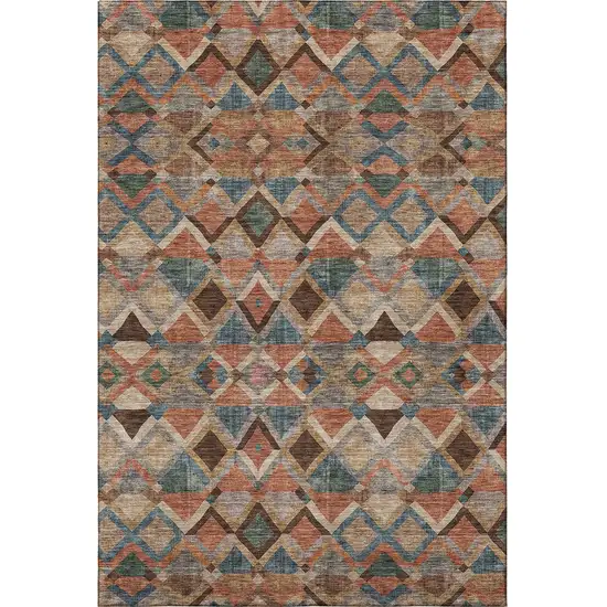 Brown Blue And Coral Geometric Washable Area Rug With UV Protection Photo 2
