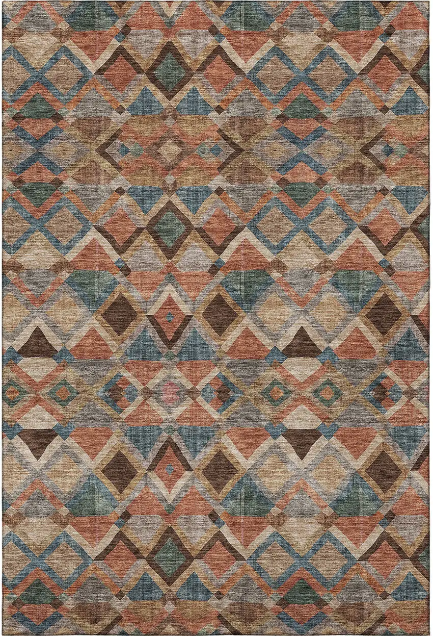 Brown Blue And Coral Geometric Washable Area Rug With UV Protection Photo 2