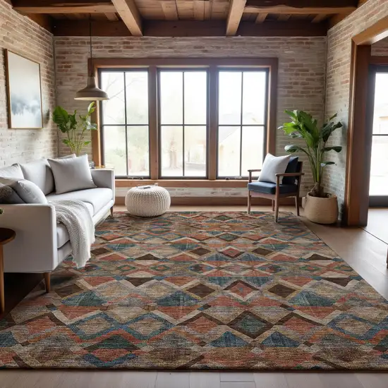 Brown Blue And Coral Geometric Washable Area Rug With UV Protection Photo 3