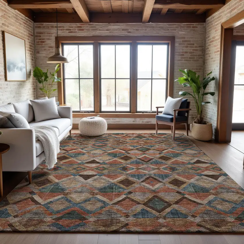 Brown Blue And Coral Geometric Washable Area Rug With UV Protection Photo 3