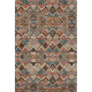 Photo of Brown Blue And Coral Geometric Washable Area Rug With UV Protection
