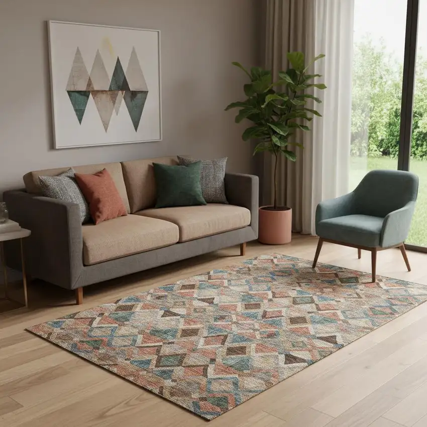 Brown Blue And Coral Geometric Washable Area Rug With UV Protection Photo 2