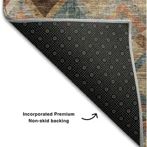 Photo of Brown Blue And Coral Geometric Washable Area Rug With UV Protection