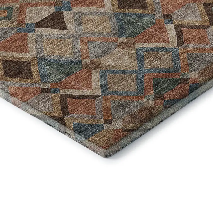 Brown Blue And Coral Geometric Washable Area Rug With UV Protection Photo 7