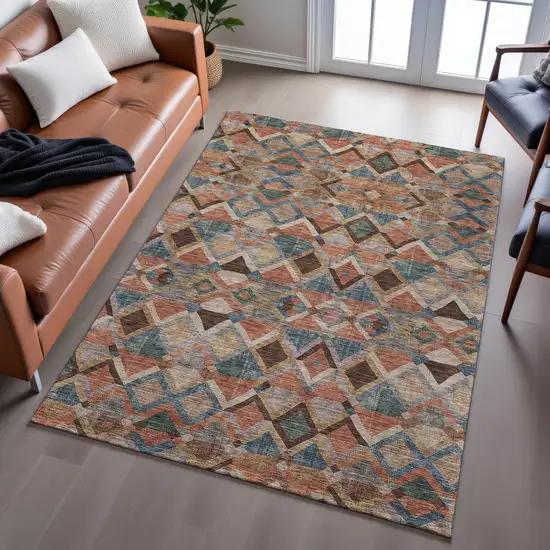 Brown Blue And Coral Geometric Washable Area Rug With UV Protection Photo 5