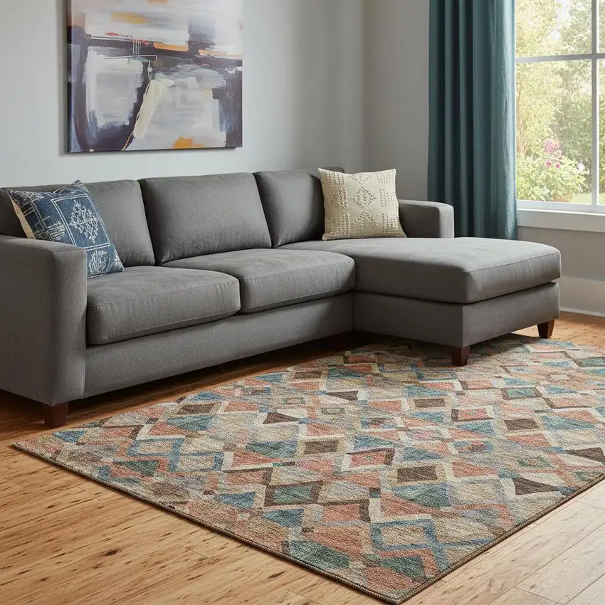 Brown Blue And Coral Geometric Washable Area Rug With UV Protection Photo 2