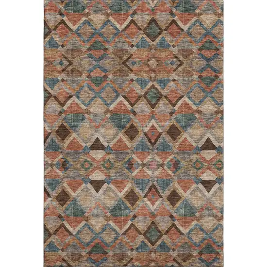 Brown Blue And Coral Geometric Washable Area Rug With UV Protection Photo 1