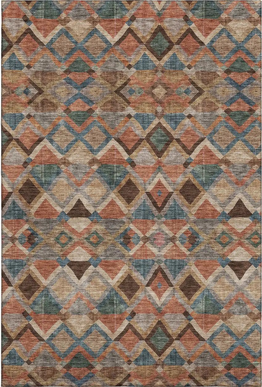 Brown Blue And Coral Geometric Washable Area Rug With UV Protection Photo 1