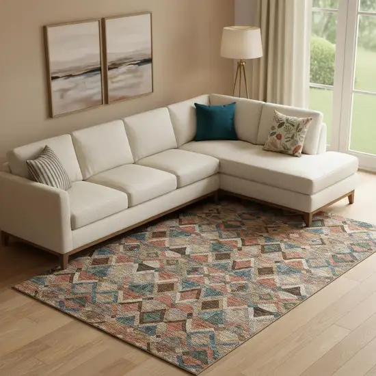 Brown Blue And Coral Geometric Washable Area Rug With UV Protection Photo 2