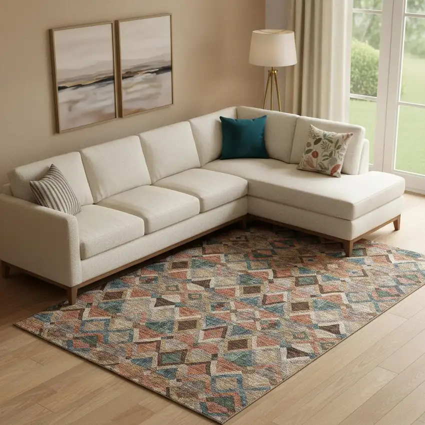 Brown Blue And Coral Geometric Washable Area Rug With UV Protection Photo 2