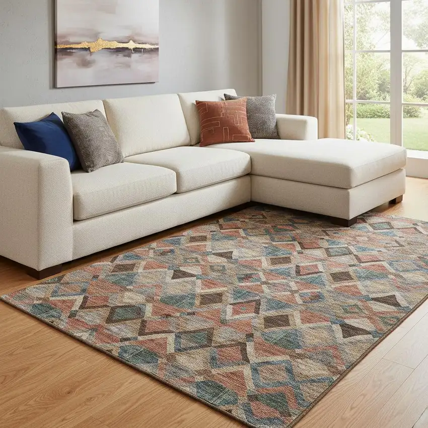 Brown Blue And Coral Geometric Washable Area Rug With UV Protection Photo 2