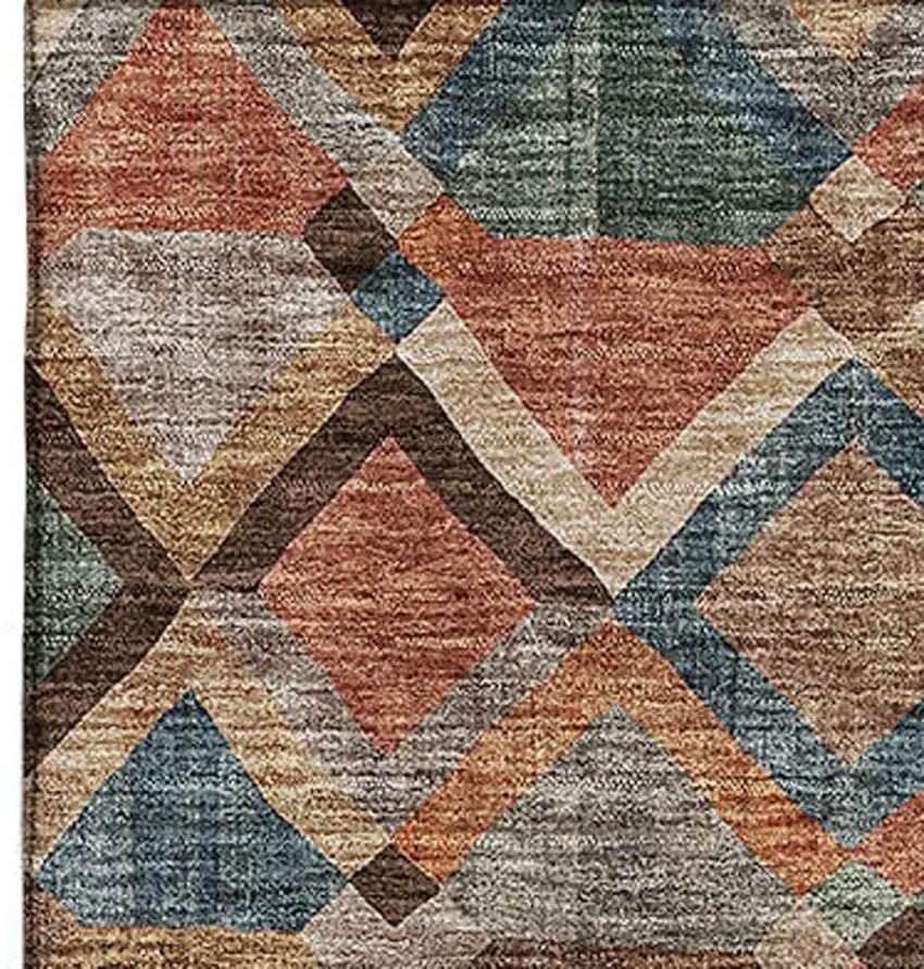 Brown Blue And Coral Geometric Washable Area Rug With UV Protection Photo 2