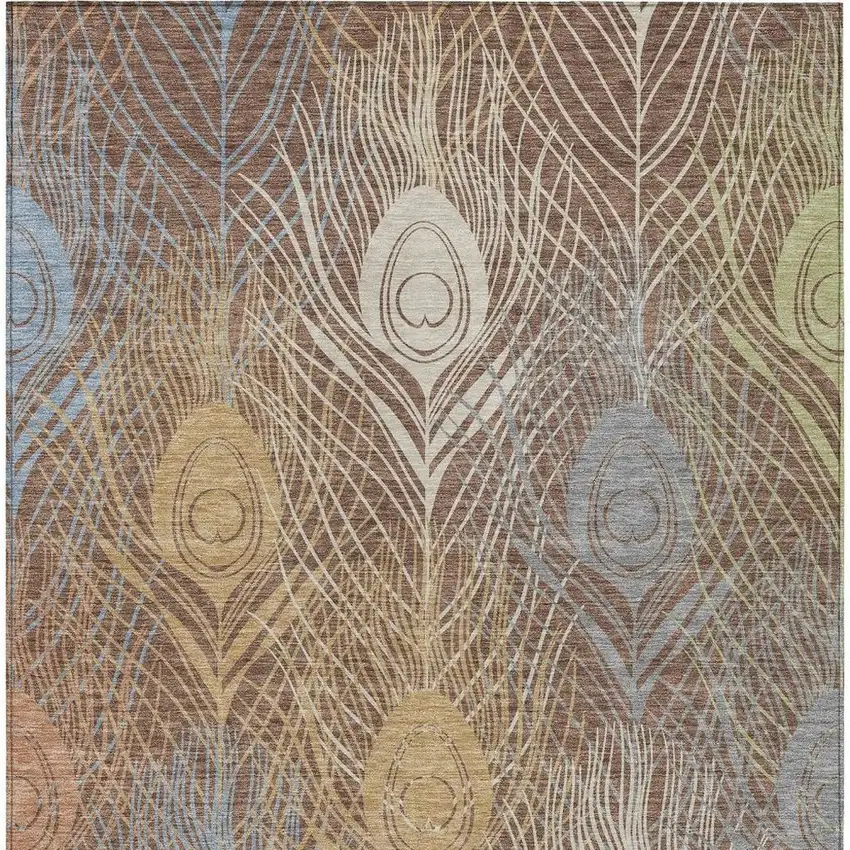 Brown Blue And Gold Floral Washable Indoor Outdoor Area Rug Photo 6