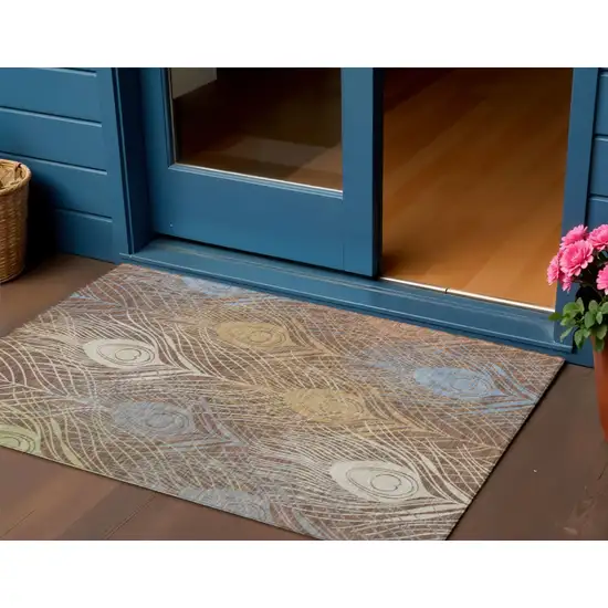 Brown Blue And Gold Floral Washable Indoor Outdoor Area Rug Photo 1