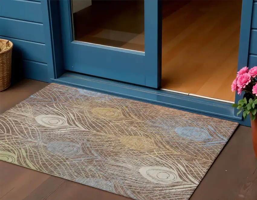 Brown Blue And Gold Floral Washable Indoor Outdoor Area Rug Photo 1