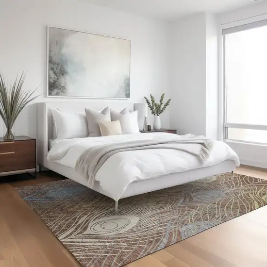 Brown Blue And Gold Floral Washable Indoor Outdoor Area Rug Photo 9